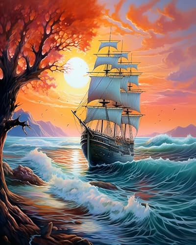 PIPISKY Malen-nach-Zahlen-Set,Ein Segelschiff, das an der bunten Küste angedockt ist,Kreative digitale Ölgemälde: Schaffung einzigartiger Kunsträume,40x50cm,Ohne Rahmen von PIPISKY