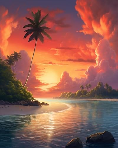 PIPISKY Malen-nach-Zahlen-Set für Erwachsene,Tropische Insel, Sonnenuntergang, mehrschichtige Wolken,Komplettes Set mit Pinseln und Leinwand,40x50cm,Ohne Rahmen von PIPISKY
