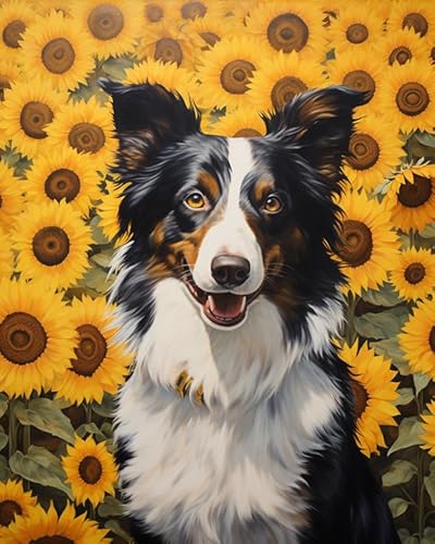 PIPISKY Malen nach Zahlen für erwachsene Kinder und Anfänger,Schäferhund im Blumenfeld,Kunst-Heimdekorations-Kunstwerk Malen nach Zahlen auf Leinwand,Geschenk,40x50cm,Ohne Rahmen von PIPISKY