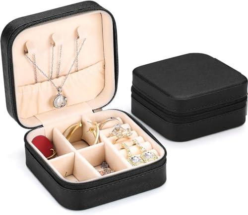 PIQIUQIU Kleine Schmuckschatulle, Mini-Schmuck-Organizer, Reise-Schmuckschatulle Tragbare Schmuckaufbewahrungsbox für Ohrringe Halskette Armbänder (schwarz) von PIQIUQIU