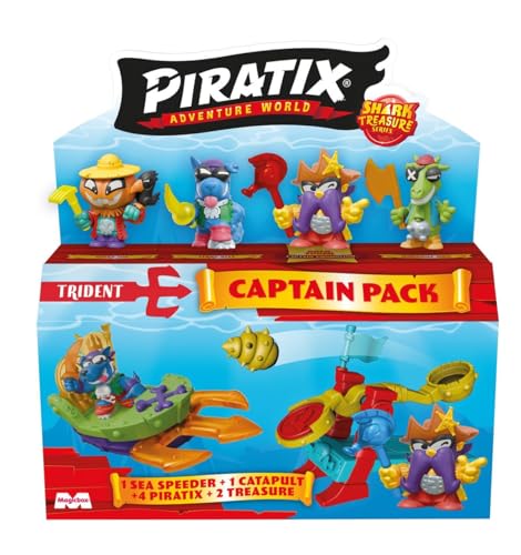 PIRATIX ADVENTURE WORLD Serie Shark Treasure, Captain Pack, Hammer. mit 4 Piratix, 1 Goldener Kapitän, 4 "Kristalle, Sea Speeder, Katapult, 2 Glaseffekt-Flaggen, 6/6 Stück von PIRATIX ADVENTURE WORLD