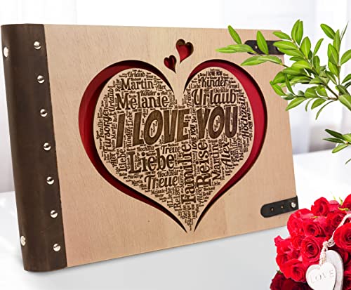 BiberART Fotobuch - hochwertiges Fotoalbum mit Herz Design - Album mit Holzcover - persönliches Valentinstagsgeschenk - Geschenk für Jahrestag oder Geburtstag von PISDEZ