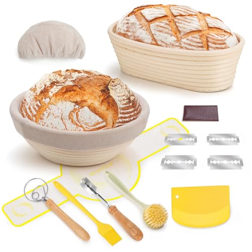 Gärkorb Set, PITCH PULSE Brot Gärkörbchen aus Peddigrohr zum Brot backen, Brotkörbchen mit Sauerteigbrotback-Werkzeugsatz(23cm rund & 25cm oval) von PITCH + PULSE