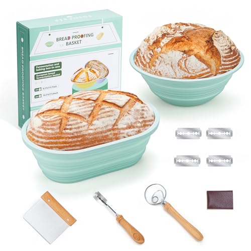 Silikon Gärkorb Set, Pitch Pulse Brot Gärkörbchen aus Peddigrohr zum Brot backen, Brotkörbchen, Brotform(23cm rund & 25cm oval) von PITCH + PULSE