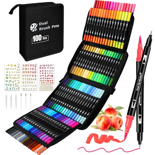 PITMT Dual Brush Pen Set, 100 Farben Filzstifte Set Dicke und Dünne Stifte Set für Erwachsene und Kinder, Pinselstifte Set mit Box für Manga Kalligraphie Bullet Journal Handlettering Malen Mandala von PITMT