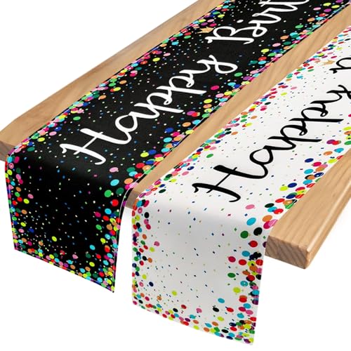 PIWOSGOL 2 Stücke Tischläufer Geburtstag, Bunt Tischläufer, Leinen Happy Birthday Tischdecke, Tischdeko Geburtstag für Kinder Mädchen Jungen Geburtstag Party 180 x 33cm von PIWOSGOL