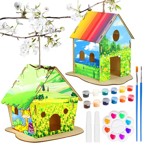 PIWOSGOL DIY Vogelhaus Bausatz für Kinder, 2 Stück Große Holz Vogelhaus Basteln Set für Kinder Vogelhaus Bemalen Basteln Spielzeug Geschenk für Jungen Mädchen 3 4 5 6 7 8 9 Jahre von PIWOSGOL