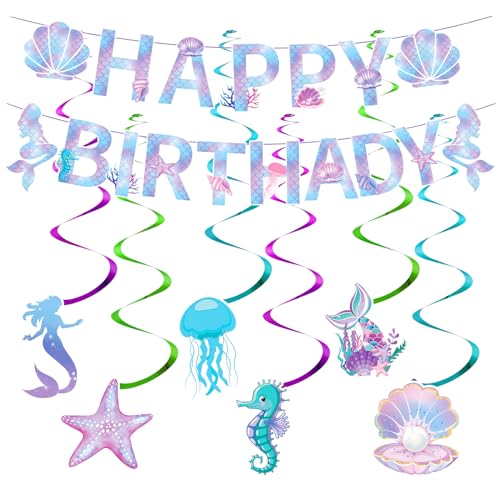 PIWOSGOL Meerjungfrau Geburtstag Deko, Iridescent Mermaid Garland mit Seepferdchen Seashell Starfish Quallen, Happy Birthday Girlande für Mädchen für Unterwasserwelt Mermaid Party Zubehör von PIWOSGOL