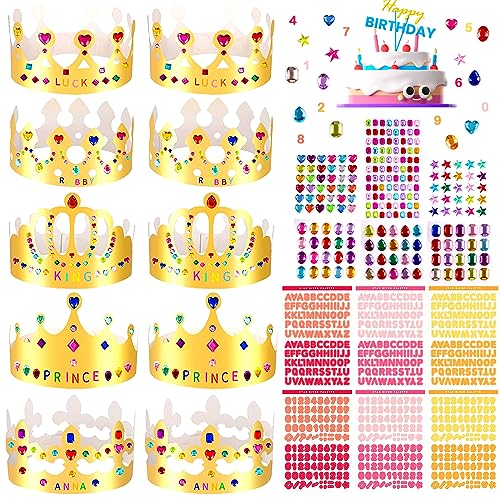 PIWOSGOL Papier Krone Partyhüte, 10 Stück Geburtstagskrone Kinder Papier, Goldene Papierkronen, Kronen Basteln Kindergeburtstag, mit 6 Blätter Strasssticker ＆ 6 Blätter Alphanumerische Aufkleber von PIWOSGOL