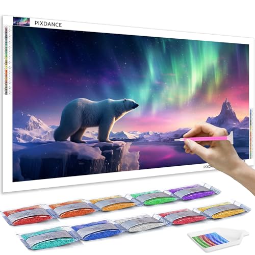 PIXDANCE 5D Diamond Painting Full Groß Diamant Kunst Polarlichter und Eisbären DIY Wanddekoration 80x40 cm von PIXDANCE