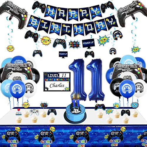 11. Geburtstag Dekorationen für Jungen-Gaming Party Dekorationen für Kinder-HAPPY BIRTHDAY Gaming Banner Videospiel Controller Ballon Kuchen Topper Gaming Hanging Sign Nummer 11 Kerze von PIXHOTUL