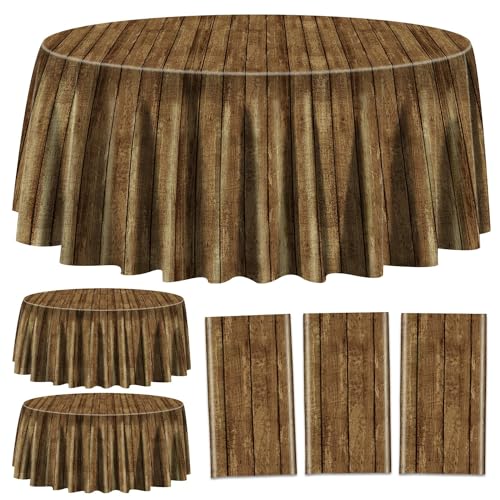 3er-Pack Holzmaser-Tischdecken für runden Tisch Western-Party-Dekorationen Western-Party-Tischdecke aus Kunststoff für Cowboy-Party-Dekorationen Cowboy-Geburtstag Baby-Dusche Bauernhof, 210 x 210 cm von PIXHOTUL