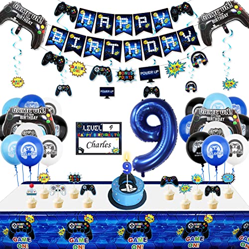 9. Geburtstag Dekorationen für Jungen-Gaming Party Dekorationen für Kinder-HAPPY BIRTHDAY Gaming Banner Videospiel Controller Ballon Kuchen Topper Gaming Hanging Sign Nummer 9 Kerze von PIXHOTUL