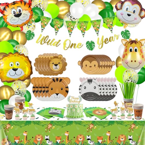 Wild One Party Dekorationen - Dschungel-Safari Geburtstag Party Zubehör, Tier Pappteller, Safari Tischdecke, Tier Ballons, Wild One Banner, Servietten, für Kinder 1. Geburtstag, Serviert 20 von PIXHOTUL