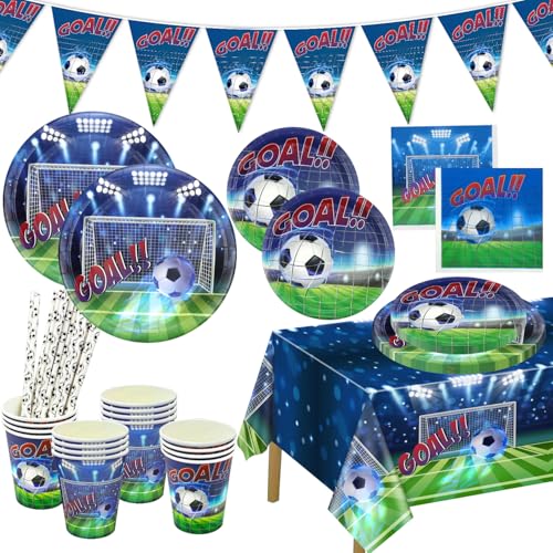 PIXHOTUL Fußball-Party-Dekorationen, 102 Stück Fußball Geburtstag Party-Dekorationen Pappteller Servietten Fußball Tischdecke und Banner für Männer Jungen Geburtstag, Fußball Spiel Tag Party Supplies von PIXHOTUL