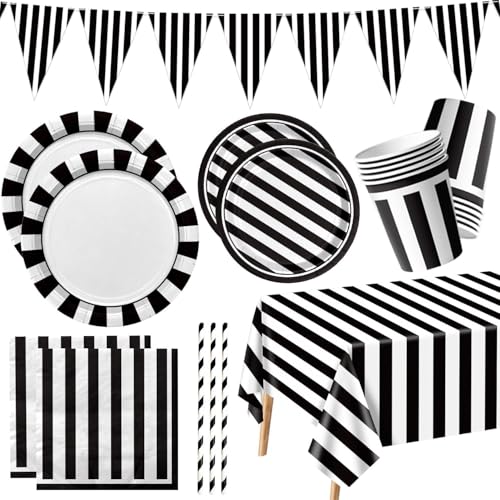 PIXHOTUL Schwarz und Weiß Gestreift Party Supplies, Schwarz und Weiß Party Dekoration mit Papier Teller Servietten Tischdecke Papier Tassen Fahnen für Geburtstag Hochzeit Baby Dusche Graduierung von PIXHOTUL