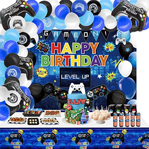 PIXHOTUL Videospiel Happy Birthday Green Dekorations-Set – Gaming-Thema Happy Birthday Hintergrund Tischdecke 82-teiliges Luftballon-Girlanden-Bogen-Kit für Kinder- und Gamer-Geburtstagsfeier von PIXHOTUL