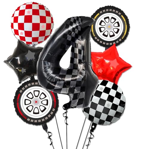 Race Car Balloons - 4th Birthday Balloons Number 4 Balloon, Star Balloons, Checkered Balloons, Helmet Balloon, Tire Balloons, 4th Birthday Decorations for Boys Race Car Birthday Party Supplies von PIXHOTUL