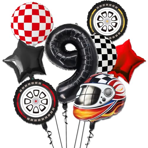 Race Car Balloons - 9th Birthday Balloons Number 9 Balloon, Star Balloons, Checkered Balloons, Helmet Balloon, Tire Balloons, 9th Birthday Decorations for Boys Race Car Birthday Party Supplies von PIXHOTUL