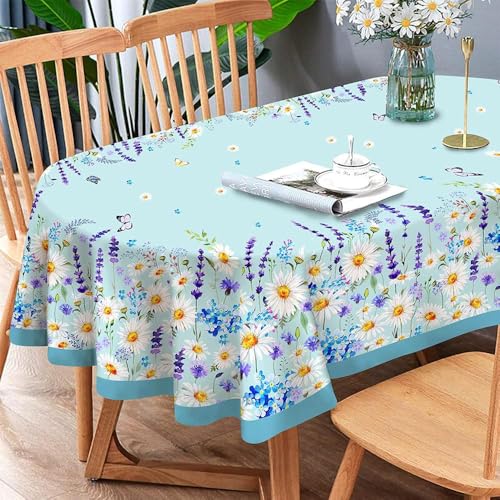 Rechteckige Tischdecke mit Gänseblümchen- und Schmetterlingsmotiv, für die Küche, Tischdekoration, Tischdecke für Feiertags- und Partydekorationen, weiß, 90 x 140 cm, 35 x 55 Zoll von PIZZZENO
