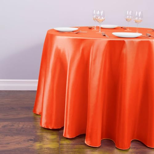 Runde Tischdecke aus Satin, Tischdeckenüberzüge für Duschen, Geburtstage, Bankette, Dekoration für Zuhause und Esstisch, Korallenorange, Durchmesser 145 cm von PIZZZENO