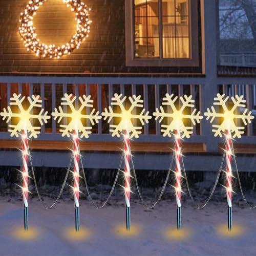 PKKP 5 Stück Zuckerstangen LED Außen, 8 Modi Zuckerstangen Beleuchtet Solar, IP65 Wasserdicht Weihnachtssbeleuchtung Deko für Außen und Innen Garten Weihnachten (Schneeflocke) von PKKP