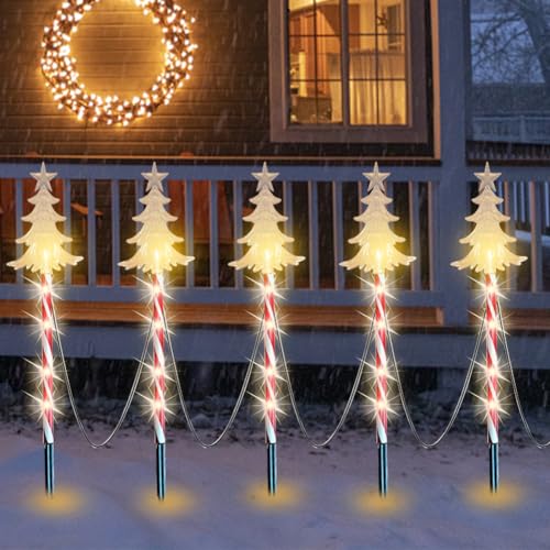 PKKP 5 Stück Zuckerstangen LED Außen, 8 Modi Zuckerstangen Beleuchtet Solar, IP65 Wasserdicht Weihnachtssbeleuchtung Deko für Außen und Innen Garten Weihnachten (Weihnachtsbaum-b) von PKKP