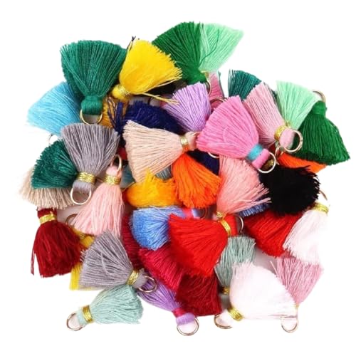 Handgemachte Baumwolle Quaste Anhänger,2cm Mini Bunte Troddel Quasten für Ohrringe Tasche Basteln Schlüsselanhänger Riemen Dekor Schmuckherstellung Lesezeichen Souvenirs,DIY Handwerk Zubehör, 50 Stück von PLABBDPL