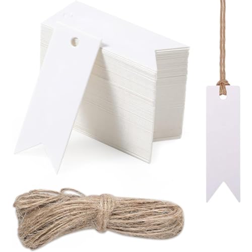 PLABBDPL 100 Stück Klein Kraftpapier Etiketten Tags, 7x2 CM Geschenkanhänger Mini, Anhänger Etiketten mit 20m Jute-Schnur (Weiß) von PLABBDPL