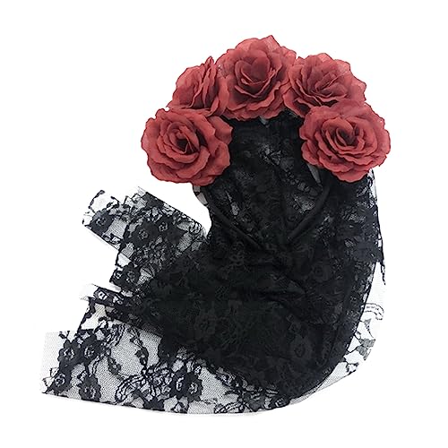 PLAFOPE rosa Stirnband Damen-Mesh-Schleier Stirnband Blumenkrone halloween kopfschmuck halloween kopfbedeckung Halloween-Schleier-Kopfbedeckung Stirnband mit Rosenschleier Spitze Black von PLAFOPE