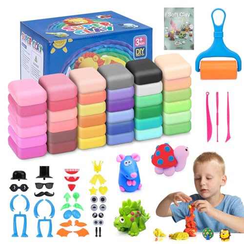 Modelliermasse Kit,36 Farben Lufttrockener Magischer Knete für Kinder,DIY Formton mit werkzeugen und Tutorials,Kinderknete Ton Kunsthandwerk Geschenk für Jungen Mädchen von PLAPOT