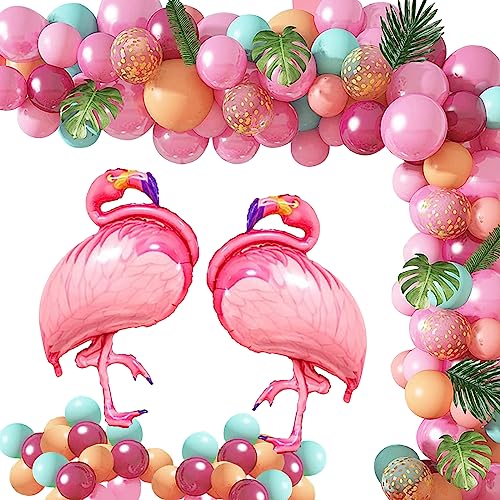 Hawaii Deko Flamingo Ballons, Tropische Luftballon Girlande Flamingo Tropical Balloon mit Geburtstags Banner, Palmblatt Hawaiian Luftballons für Luau Sommer Tropische Themen Party Dekoration von PLATEYTR