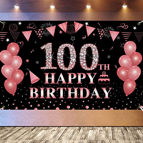 PLATEYTR 100. Geburtstag Party Dekoration,Banner 100 Geburtstag Roségold,Extra Große Fotografie Hintergrund Schild Poster für 100 Geburtstag Party Kuchen/Tabelle/Mauer/Garten Dekoration von PLATEYTR