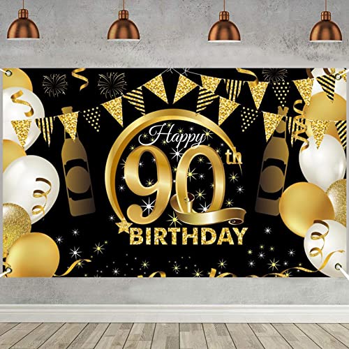 PLATEYTR 90. Geburtstag Party Dekoration,Banner 90 Geburtstag Roségold,Extra Große Fotografie Hintergrund Schild Poster für 90 Geburtstag Party Kuchen/Tabelle/Mauer/Garten Dekoration von PLATEYTR