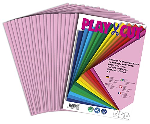 PLAY-CUT Tonkarton A4 Hellpink (220g/m2) | 20 Bogen Din A4 Bastelkarton Bunt | Dickes Bedruckbares Kartonpapier | Premium Druckerpapier Dicke Stärke | Karton zum Basteln von PLAY-CUT