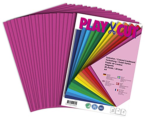 PLAY-CUT Tonkarton A4 Magenta (220g/m2) | 20 Bogen Din A4 Bastelkarton Bunt | Dickes Bedruckbares Kartonpapier | Premium Druckerpapier Dicke Stärke | Karton zum Basteln von PLAY-CUT