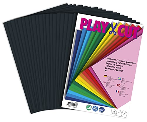 PLAY-CUT Tonkarton A4 Schwarz (220g/m2) | 20 Bogen Din A4 Bastelkarton Bunt | Dickes Bedruckbares Kartonpapier | Premium Druckerpapier Dicke Stärke | Karton zum Basteln von PLAY-CUT