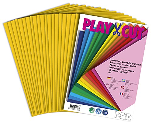 PLAY-CUT Tonkarton A4 Sonnengelb (220g/m2) | 20 Bogen Din A4 Bastelkarton Bunt | Dickes Bedruckbares Kartonpapier | Premium Druckerpapier Dicke Stärke | Karton zum Basteln von PLAY-CUT