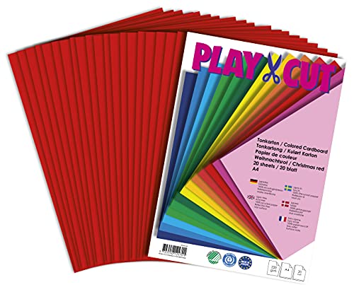 PLAY-CUT Tonkarton A4 Weihnachtsrot (220g/m2) | 20 Bogen Din A4 Bastelkarton Bunt | Dickes Bedruckbares Kartonpapier | Premium Druckerpapier Dicke Stärke | Karton zum Basteln von PLAY-CUT