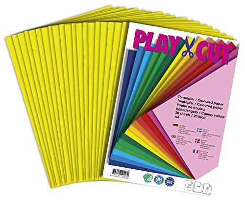 PLAY-CUT Tonpapier A4 Kanariengelb (130g/m2) | 20 Bogen Din A4 Papier zum Basteln Drucken | Dickes Bedruckbares Bastelpapier Set und Druckerpapier A4 | Premium Tonzeichenpapier & Craft Paper von PLAY-CUT