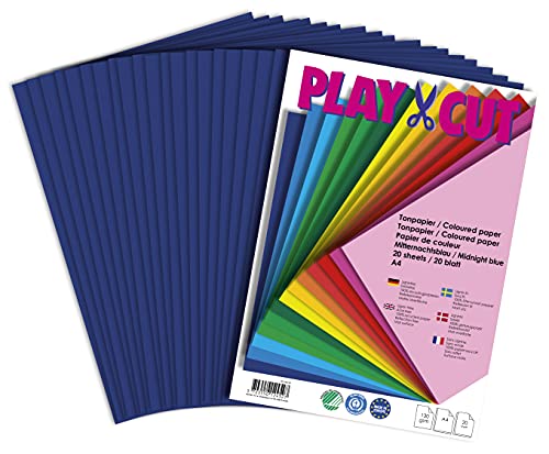 PLAY-CUT Tonpapier A4 Mitternachtsblau (130g/m2) | 20 Bogen Din A4 Papier zum Basteln Drucken | Dickes Bedruckbares Bastelpapier Set und Druckerpapier A4 | Premium Tonzeichenpapier & Craft Paper von PLAY-CUT