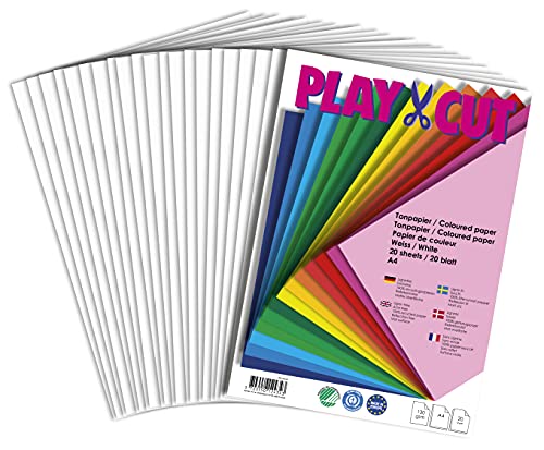 PLAY-CUT Tonpapier A4 Weiß (130g/m2) | 20 Bogen Din A4 Papier zum Basteln Drucken | Dickes Bedruckbares Bastelpapier Set und Druckerpapier A4 | Premium Tonzeichenpapier & Craft Paper von PLAY-CUT