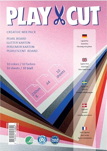 PLAY-CUT Perlmuttpapier A4 in 10 Farben (230g/m2) | 10 Bogen Din A4 Perlmutt Papier zum Drucken | Premium Glitzerkarton zum Basteln | Bedruckbares Glanzpapier Set und Druckerpapier Bunt von PLAY-CUT