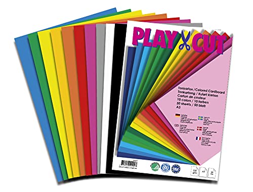 PLAY-CUT Tonkarton A3 (220g/m2) | 50 Bogen Din A3 Bastelkarton Bunt mit 10 Verschiedenen Farben | Dickes Bedruckbares Kartonpapier | Premium Druckerpapier Dicke Stärke | Karton zum Basteln von PLAY-CUT