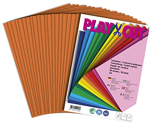 PLAY-CUT Tonkarton A4 Mandarin (220g/m2) | 20 Bogen Din A4 Bastelkarton Bunt | Dickes Bedruckbares Kartonpapier | Premium Druckerpapier Dicke Stärke | Karton zum Basteln von PLAY-CUT