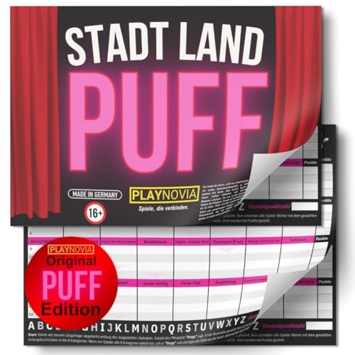 PLAYNOVIA Stadt Land Puff - Edition (Ab 16 Jahren) Das witzige Partyspiel für Erwachsene | Unterhaltsamer Spielblock für gesellige Abende von PLAYNOVIA