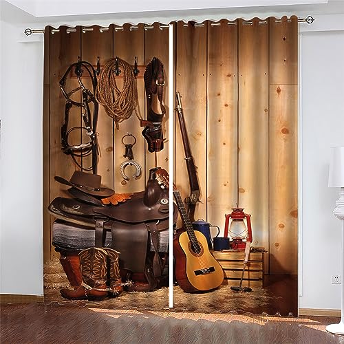 PLEETS Gardinen Cowboys & Gitarren Verdunkelungsvorhang 3D Druck Vorhänge Polyester Gardine für Schlafzimmer Kinderzimmer Wohnzimmer Dekoration 2 x B110 x H215 cm von PLEETS