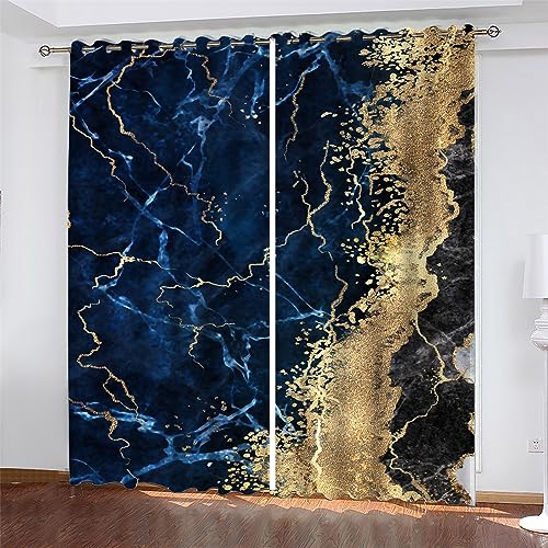 PLEETS Gardinen Wohnzimmer Verdunkelungsvorhang Blauer und Goldener Marmor Vorhang Blickdicht mit Ösen, für Schlafzimmer Kinderzimmer Wohnzimmer Dekoration 2 x B140 x H245cm von PLEETS