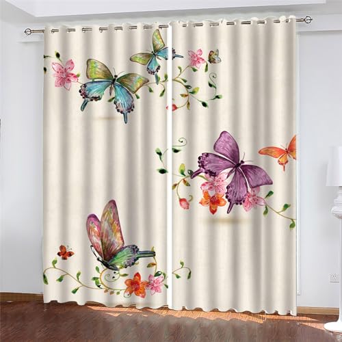 PLEETS Gardinen Wohnzimmer Verdunkelungsvorhang Schmetterlinge und Blumen Vorhang Blickdicht mit Ösen, für Schlafzimmer Kinderzimmer Wohnzimmer Dekoration 2 x B140 x H245cm von PLEETS