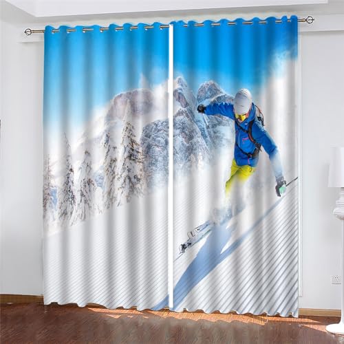 PLEETS Vorhänge Skifahrer Verdunkelungsvorhang Ösen Gardinen Wärmegedämmt Vorhänge Blickdicht 2er Set für Jungen Mädchen Kinder Schlafzimmer B140 x H175cm von PLEETS